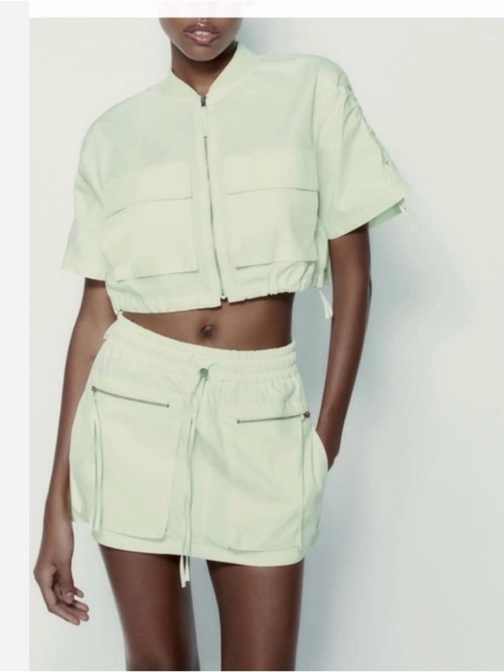 ZARA 2 PC MINI SKIRT Sz S AND CROPTOP jacket Sz XS light green color